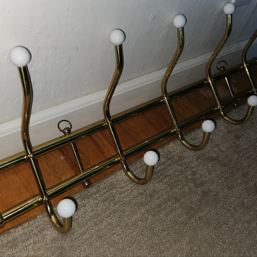 Vintage 1970s Beautiful Gold Brass Wall Mounted Coat Rack Hooks Porcelain Knobs